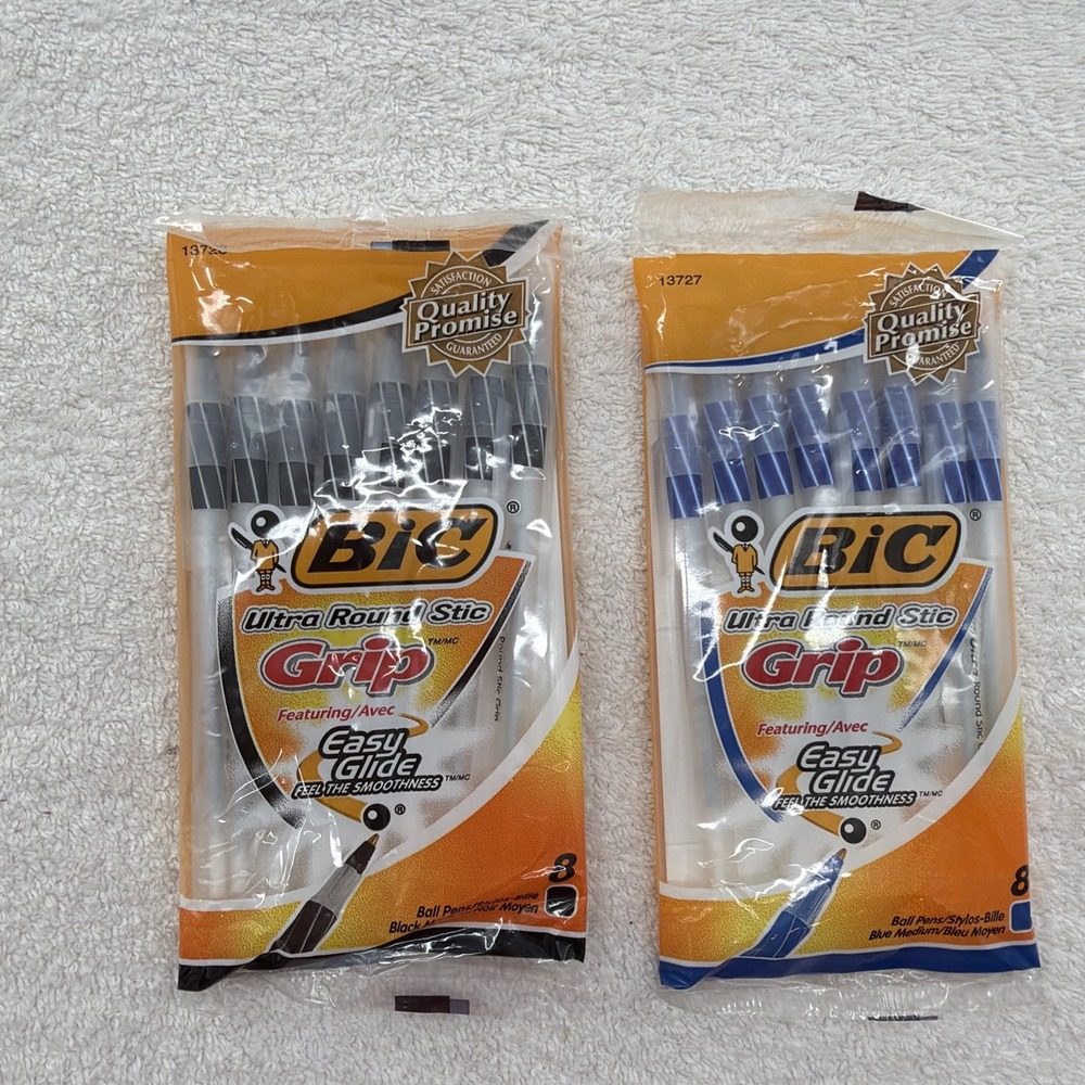(2) BIC Ultra Round Stic Grip Easy Glide Black & Blue 8 Pens Smooth Ball Point